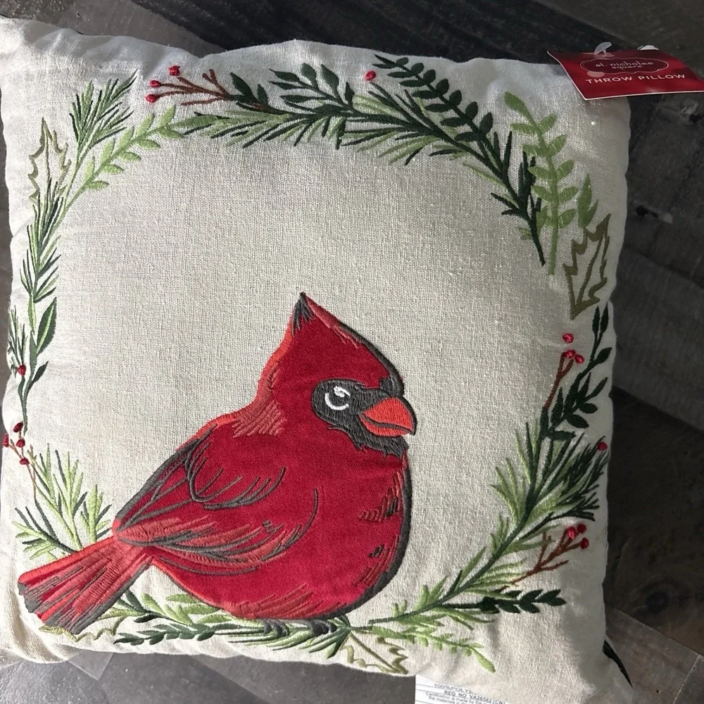 Red Cardinal Bird Holly Berry Wreath Christmas Embroidered Throw Pillow 18x18